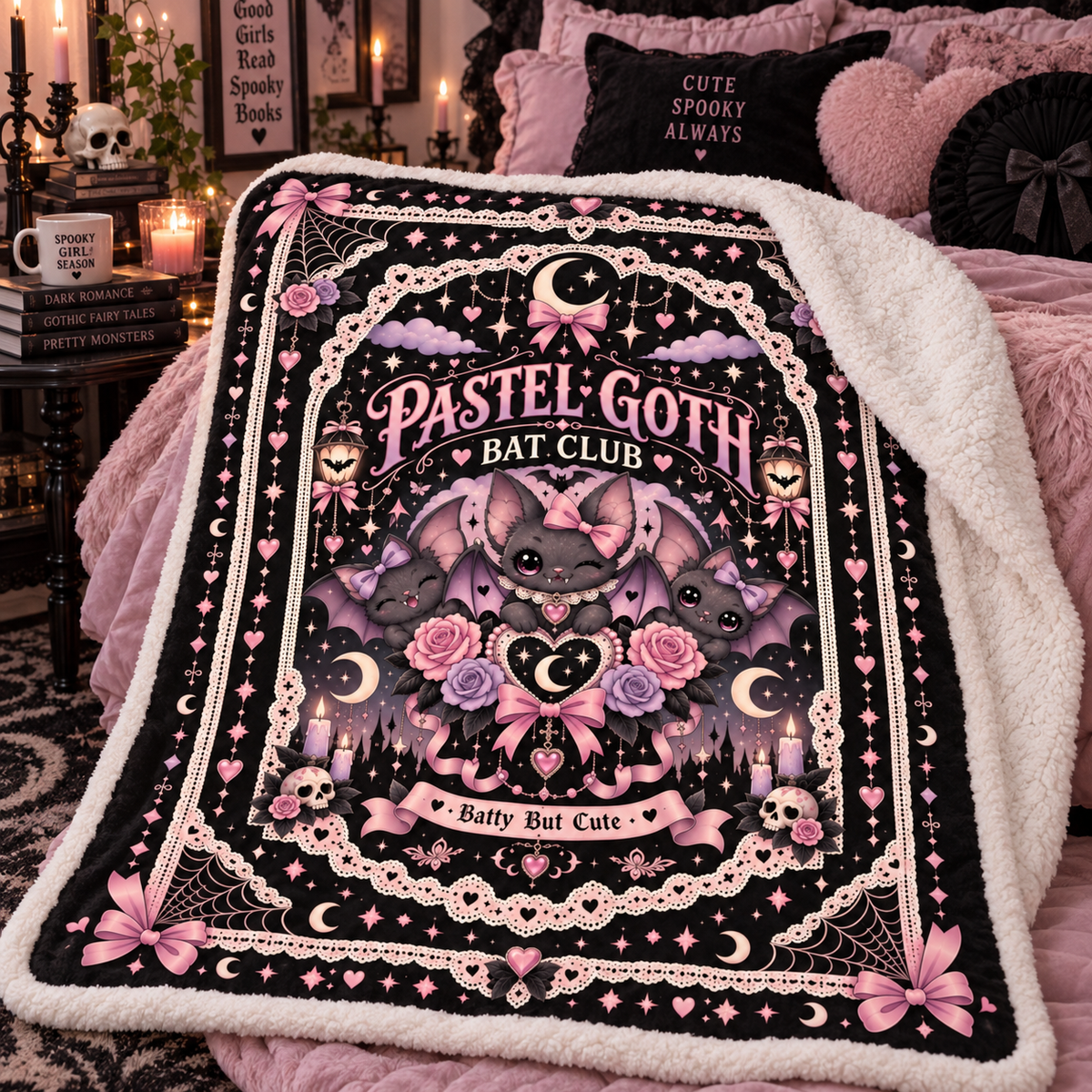 Pastel Goth Bat Halloween Blanket, Batty But Cute Pink Gothic Throw, Coquette Bat Blanket