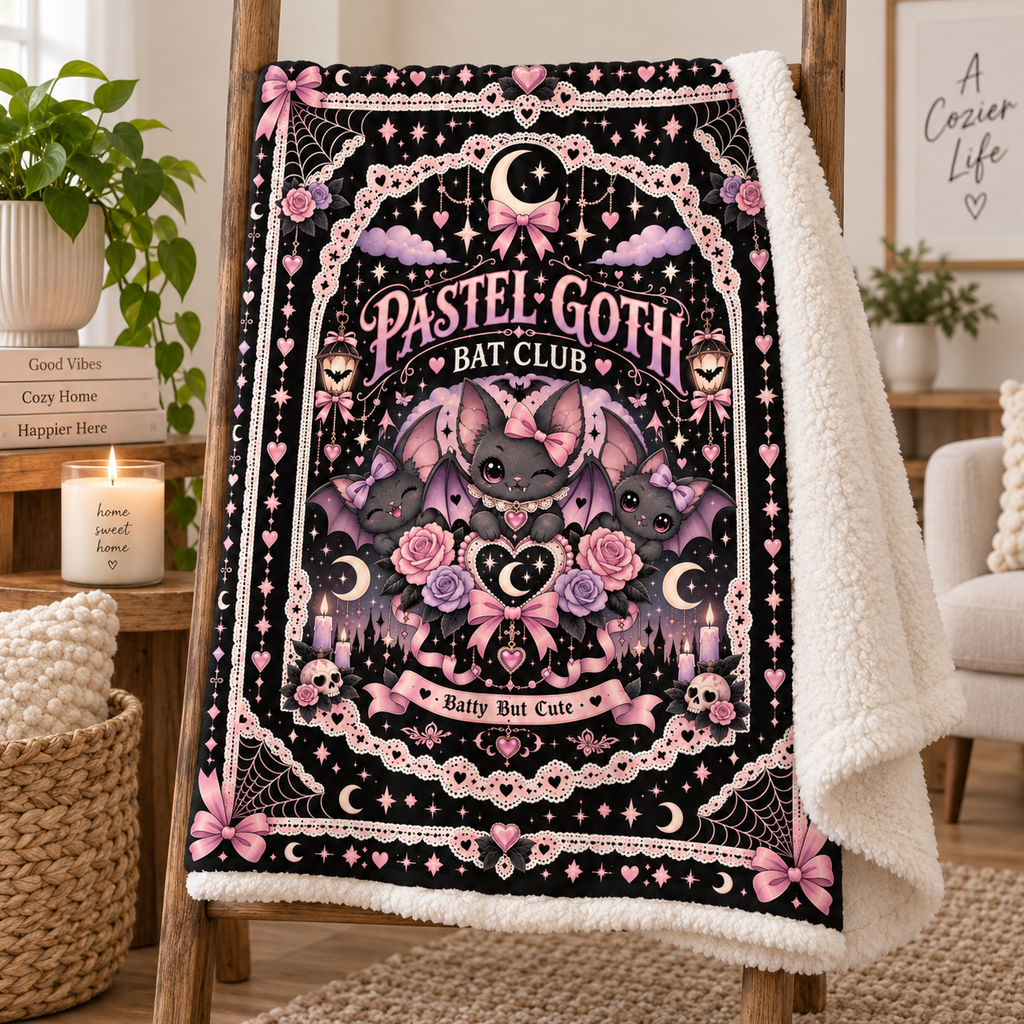 Pastel Goth Bat Halloween Blanket, Batty But Cute Pink Gothic Throw, Coquette Bat Blanket