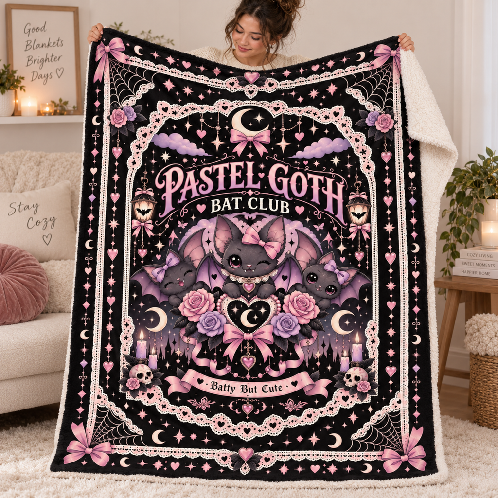 Pastel Goth Bat Halloween Blanket, Batty But Cute Pink Gothic Throw, Coquette Bat Blanket