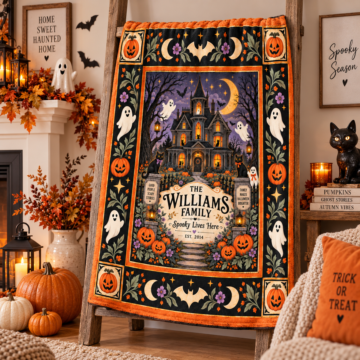 Personalized Halloween Family Blanket, Custom Family Name Haunted House Throw, Spooky Lives