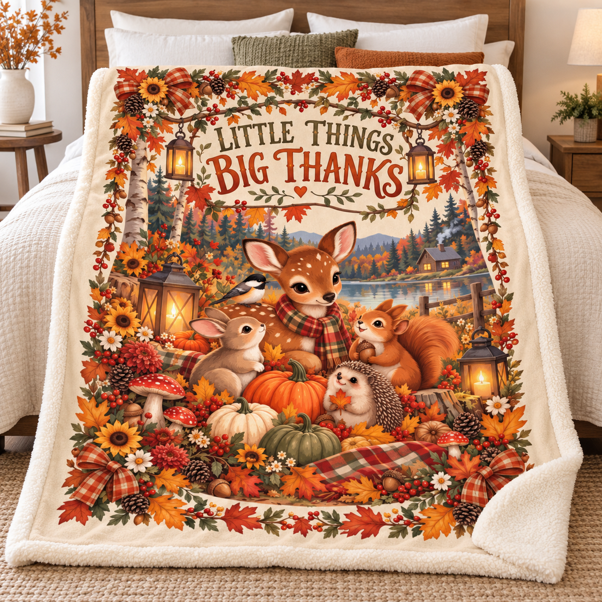 Little Things Big Thanks Blanket – Woodland Thanksgiving Throw, Cute Fall Deer Bunny Squirrel Autumn Blanket