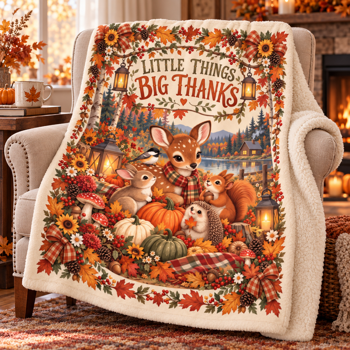 Little Things Big Thanks Blanket – Woodland Thanksgiving Throw, Cute Fall Deer Bunny Squirrel Autumn Blanket