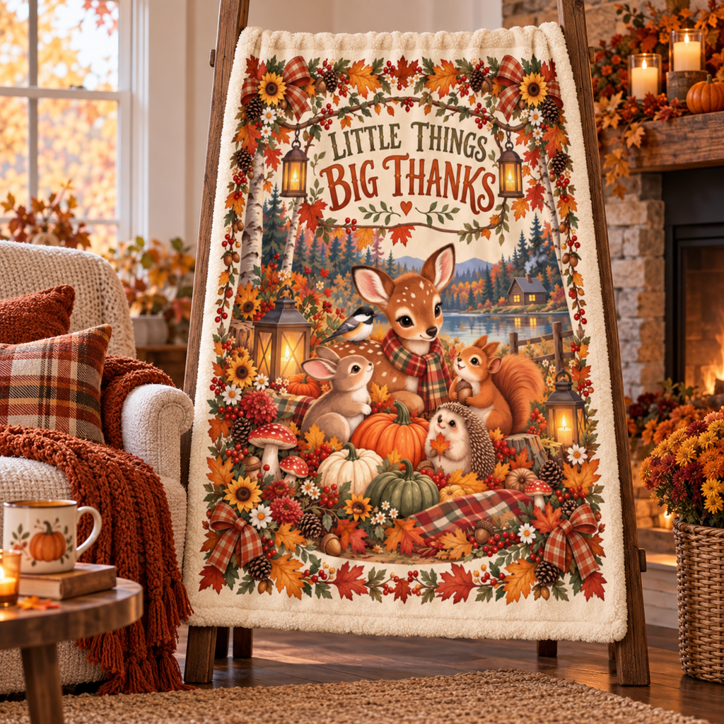 Little Things Big Thanks Blanket – Woodland Thanksgiving Throw, Cute Fall Deer Bunny Squirrel Autumn Blanket