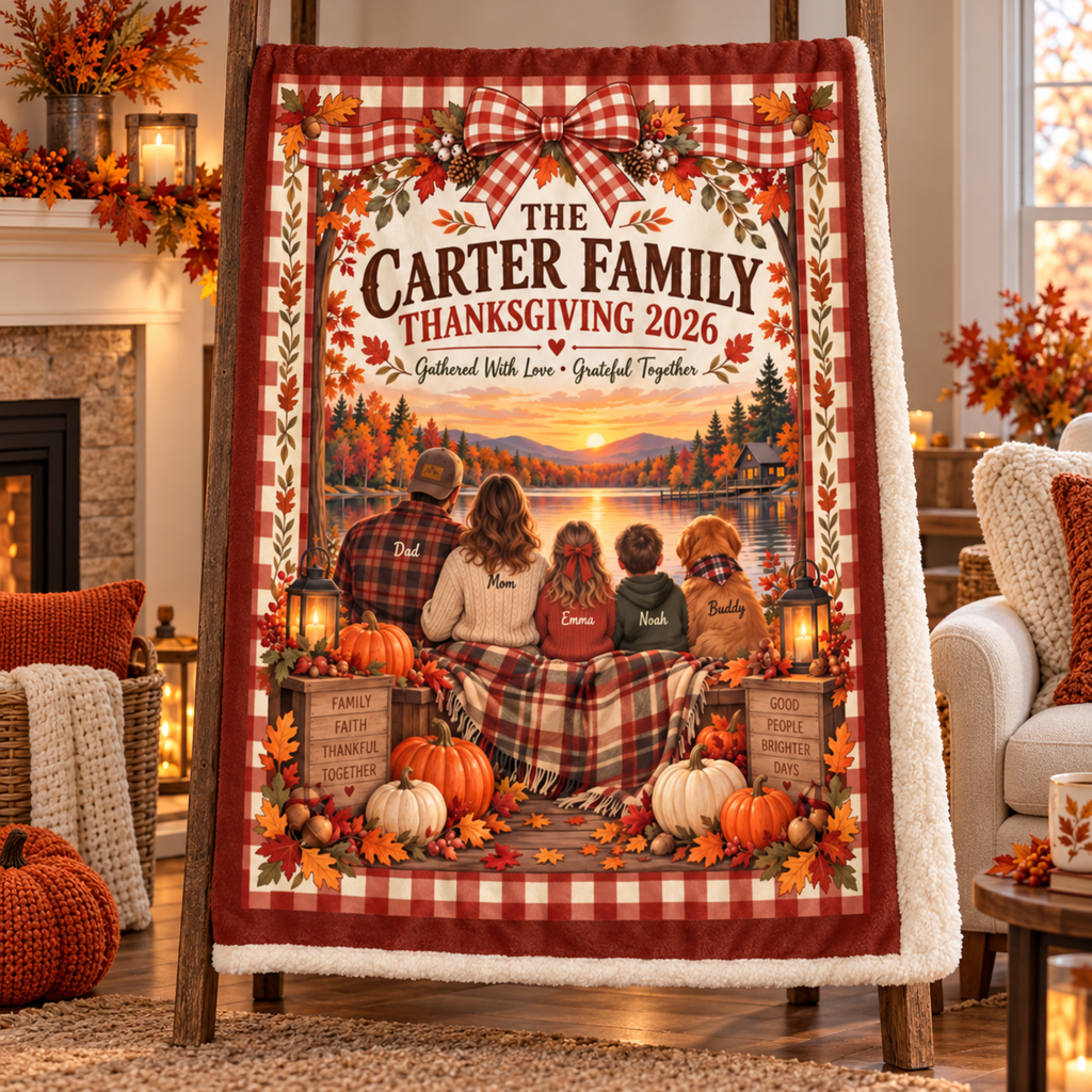 Personalized Family Thanksgiving Blanket – Custom Family Name Fall Throw, Thanksgiving 2026 Keepsake Gift
