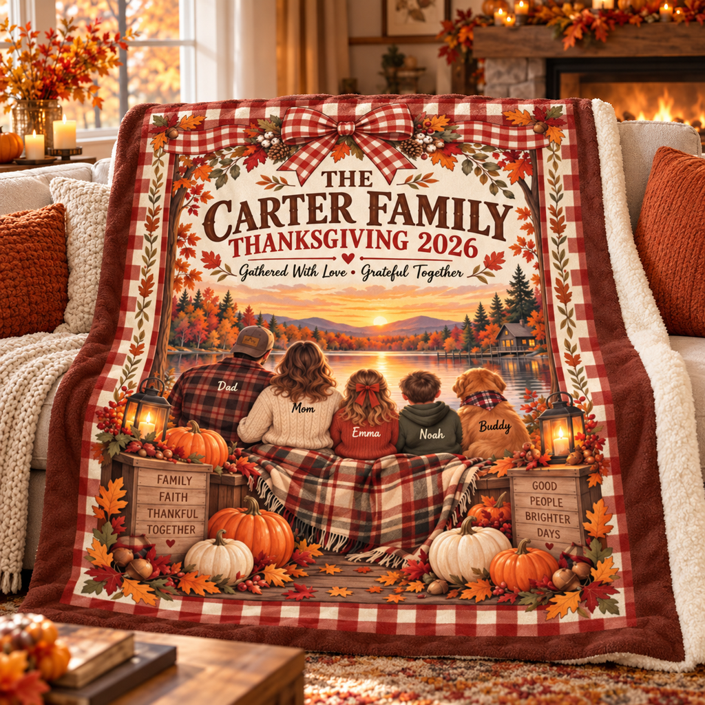 Personalized Family Thanksgiving Blanket – Custom Family Name Fall Throw, Thanksgiving 2026 Keepsake Gift
