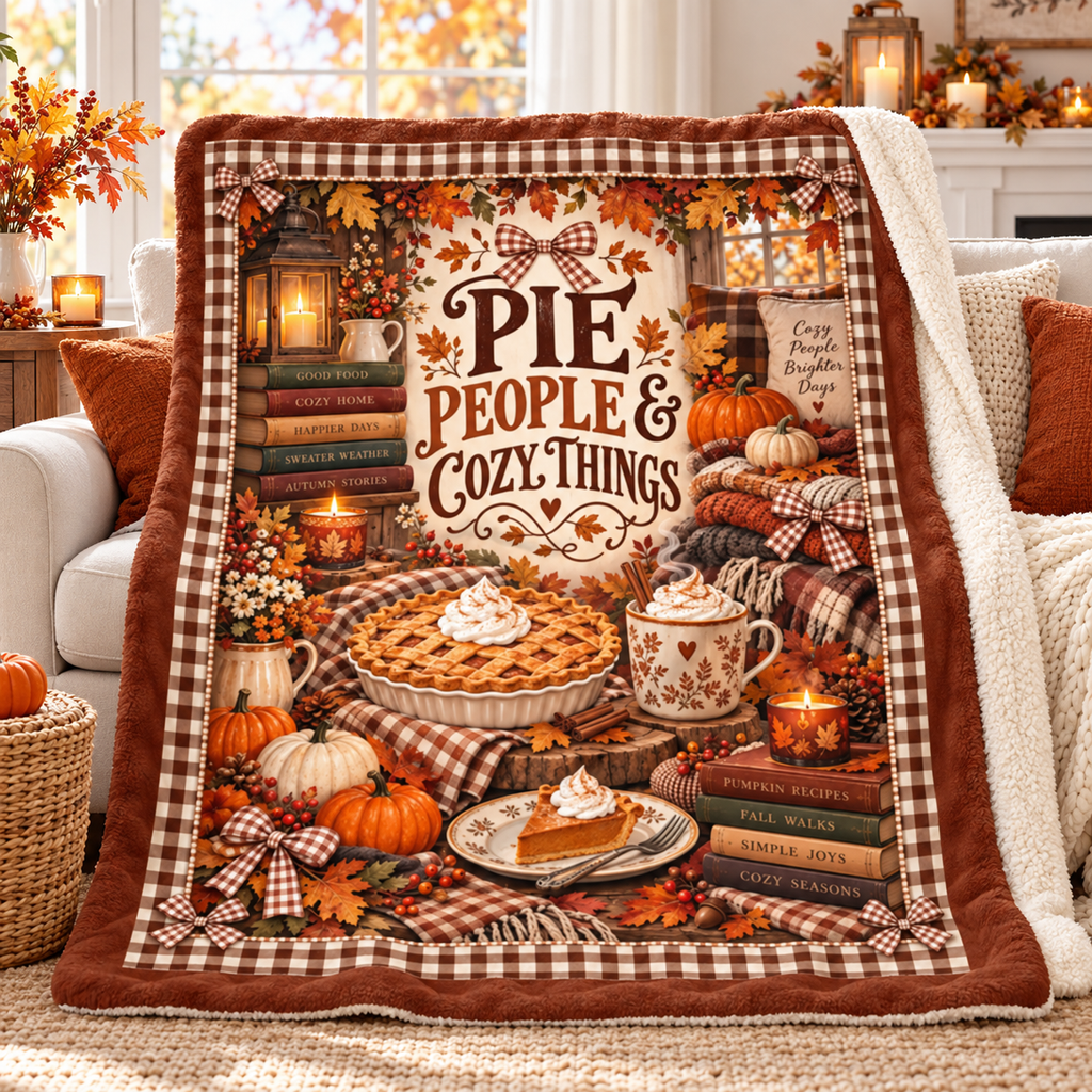 Pie People & Cozy Things Blanket – Pumpkin Pie Thanksgiving Throw, Brown Gingham Cozy Fall Blanket