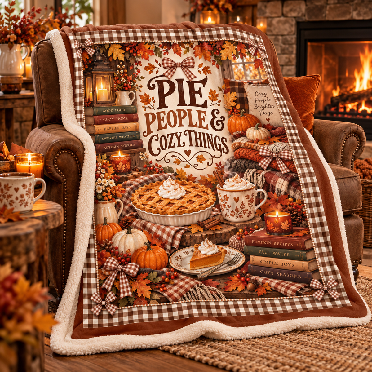 Pie People & Cozy Things Blanket – Pumpkin Pie Thanksgiving Throw, Brown Gingham Cozy Fall Blanket