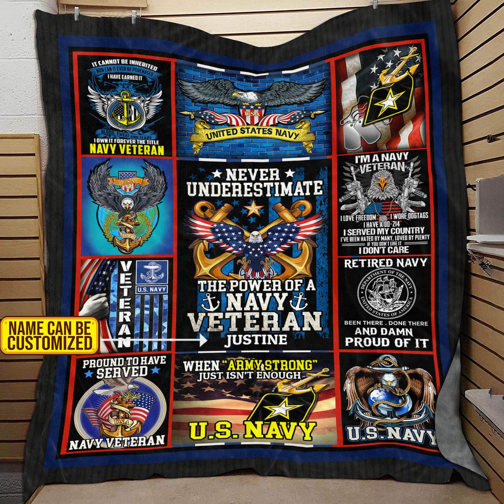 Personalized Name USA Navy Veteran Fleece Blanket – Mink Sherpa Blanket – Woven Blanket