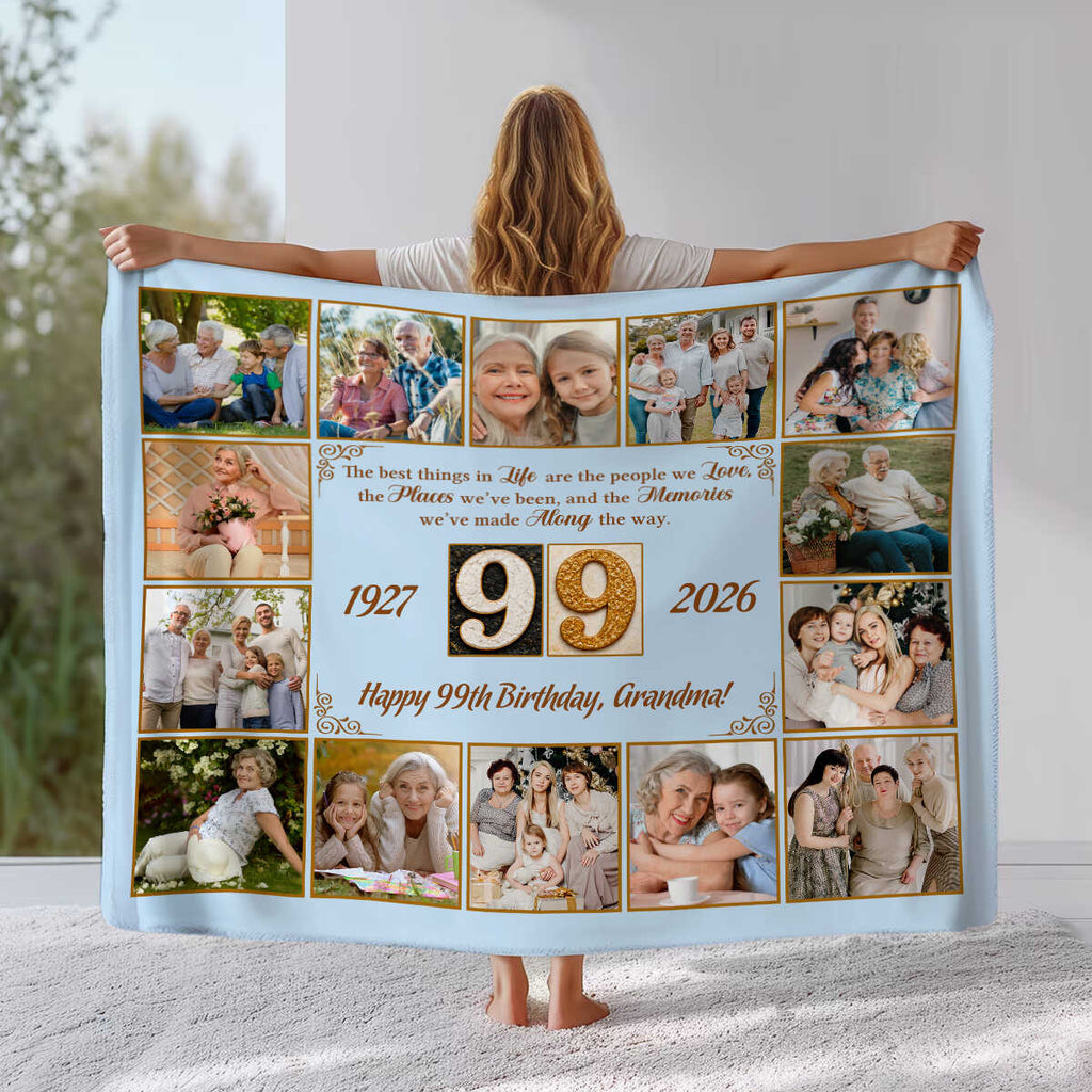 99th Birthday Blanket, Personalized 99th Birthday Photo Gift, Custom Family Photo Blanket, 99 Years Loved Gift, Birthday Memory Blanket for Grandma