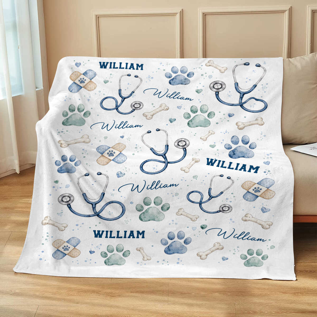 Personalized Veterinarian Blanket, Custom Vet Tech Gift, Watercolor Paw Print Stethoscope Throw, Vet Assistant Vet Tech Graduation Gift