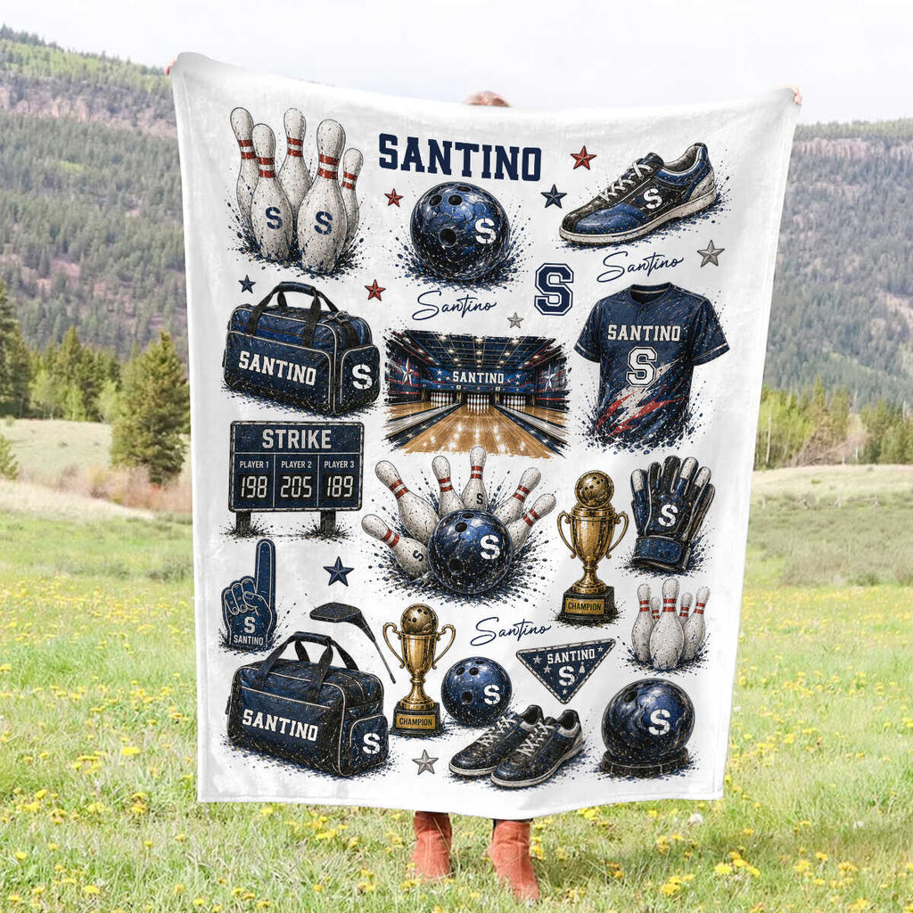 Personalized Bowling Blanket, Custom Bowling Ball Blanket for Boy, Bowling Alley Nursery Decor, Kids Toddler Blanket, Strike Gift