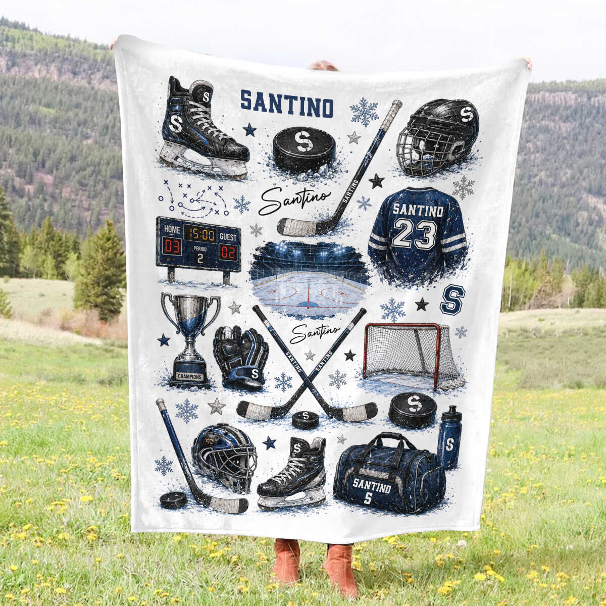 Personalized Hockey Baby Blanket with Name, Custom Ice Hockey Blanket for Boy, Hockey Nursery Decor, Kids Toddler Blanket, Ice Skate Gift