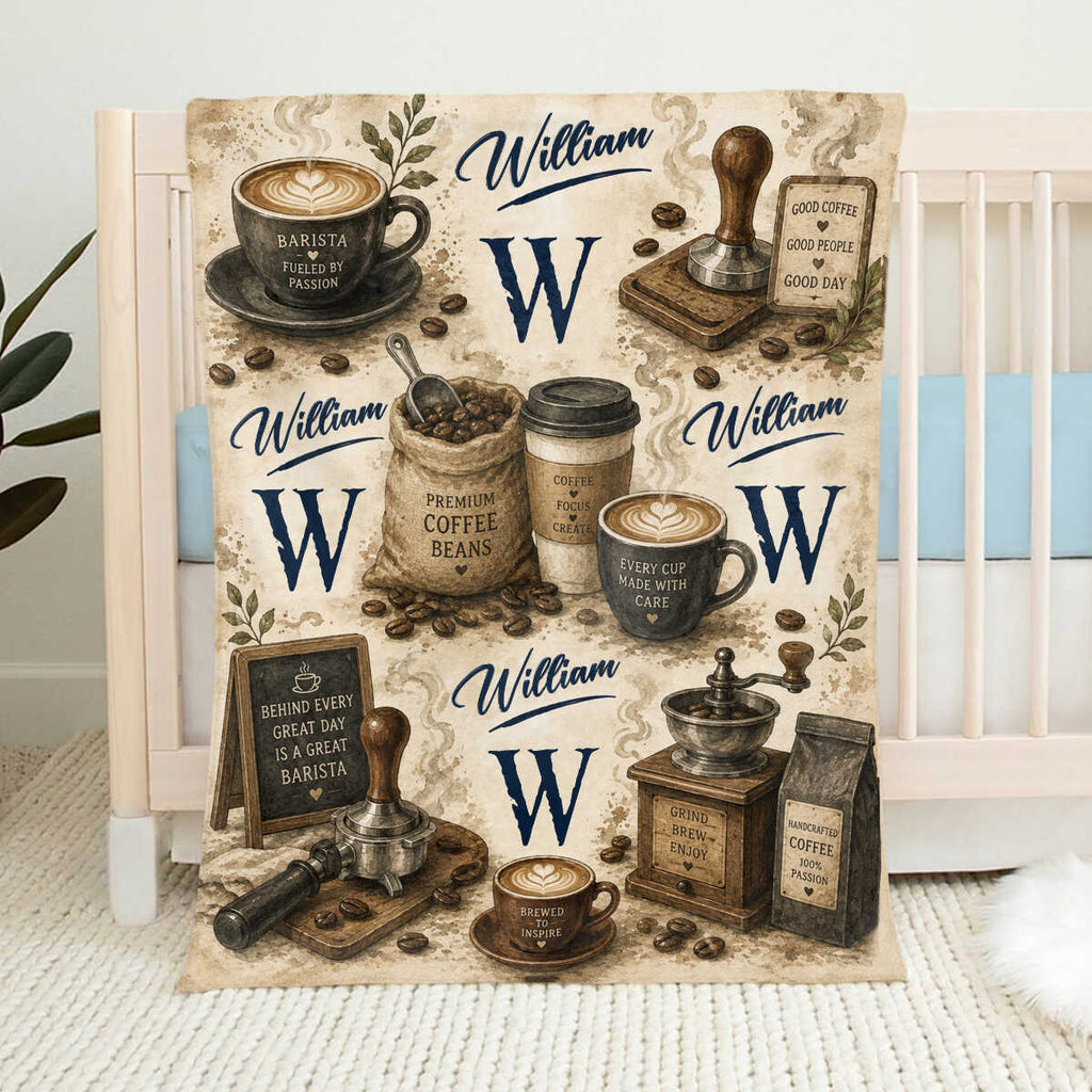 Personalized Barista Blanket, Custom Name Coffee Lover Gift, Barista Gift for Women Men, Coffee Shop Worker Throw, Espresso Lover Graduation Gift