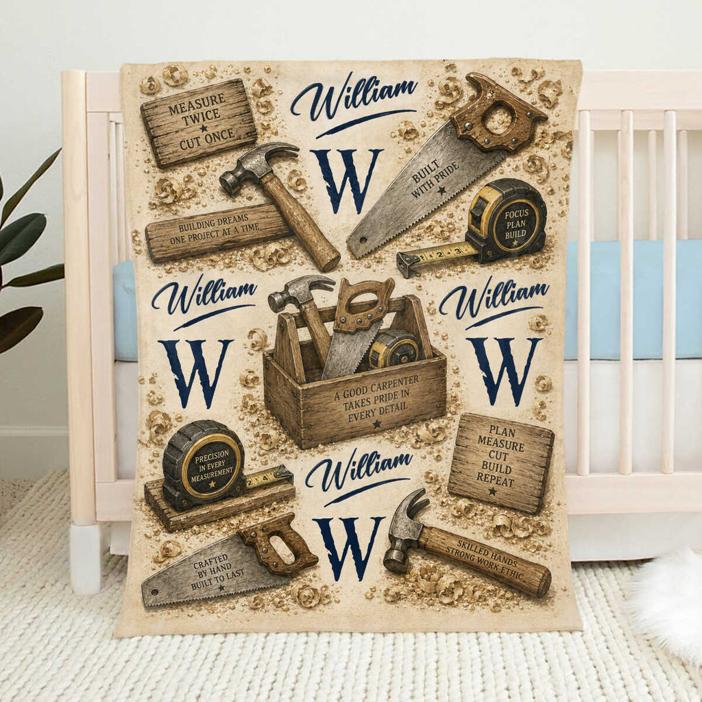 Personalized Carpenter Blanket, Custom Name Carpenter Gift, Woodworker Tools Throw Blanket, Carpentry Gift for Men, Carpenter Birthday Gift