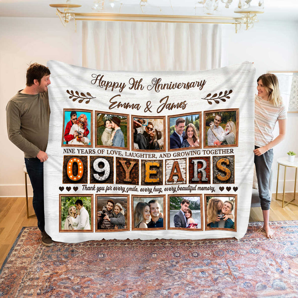 Personalized 9th Anniversary Photo Collage Blanket, Custom 9 Years Together Gift, Wedding Anniversary Blanket, Couple Memory Keepsake