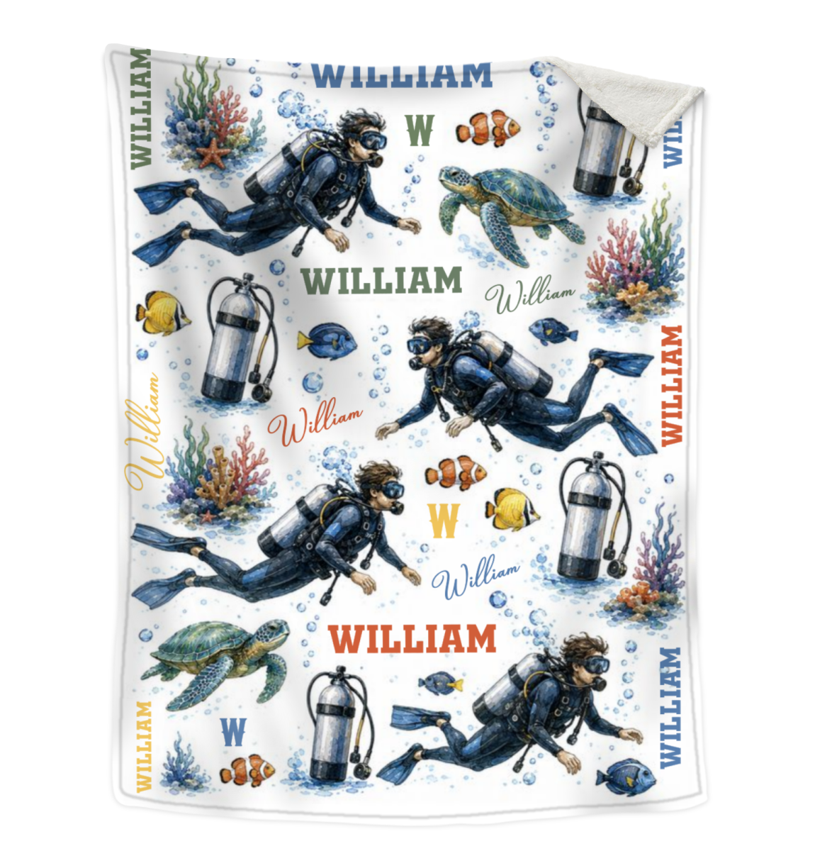 Personalized Scuba Diving Blanket, Custom Ocean Diver Throw, Sea Turtle & Diver Gift for Him, Custom Name Scuba Diver Sherpa Blanket