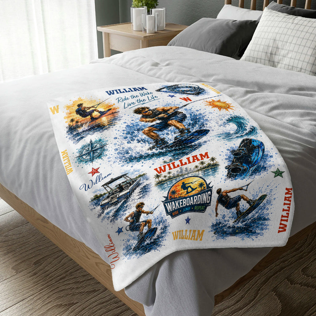 Personalized Wakeboarding Blanket, Custom Name Wakeboard Throw Blanket, Wakeboarding Gift for Boys, Men, Kids, Wakeboard Lover Gift