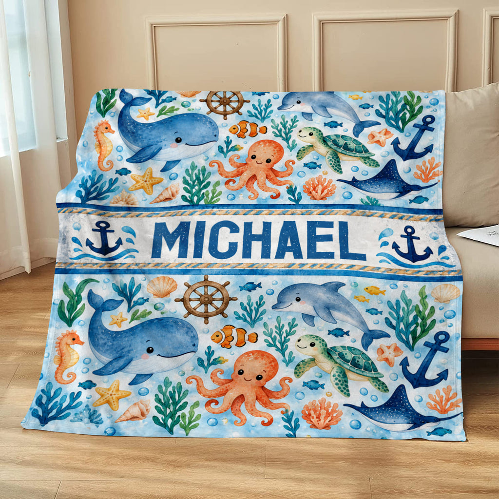 Personalized Ocean Animal Blanket, Custom Nautical Throw Blanket, Sea Life Blanket, Dolphin Whale Turtle Gift, Coastal Home Decor