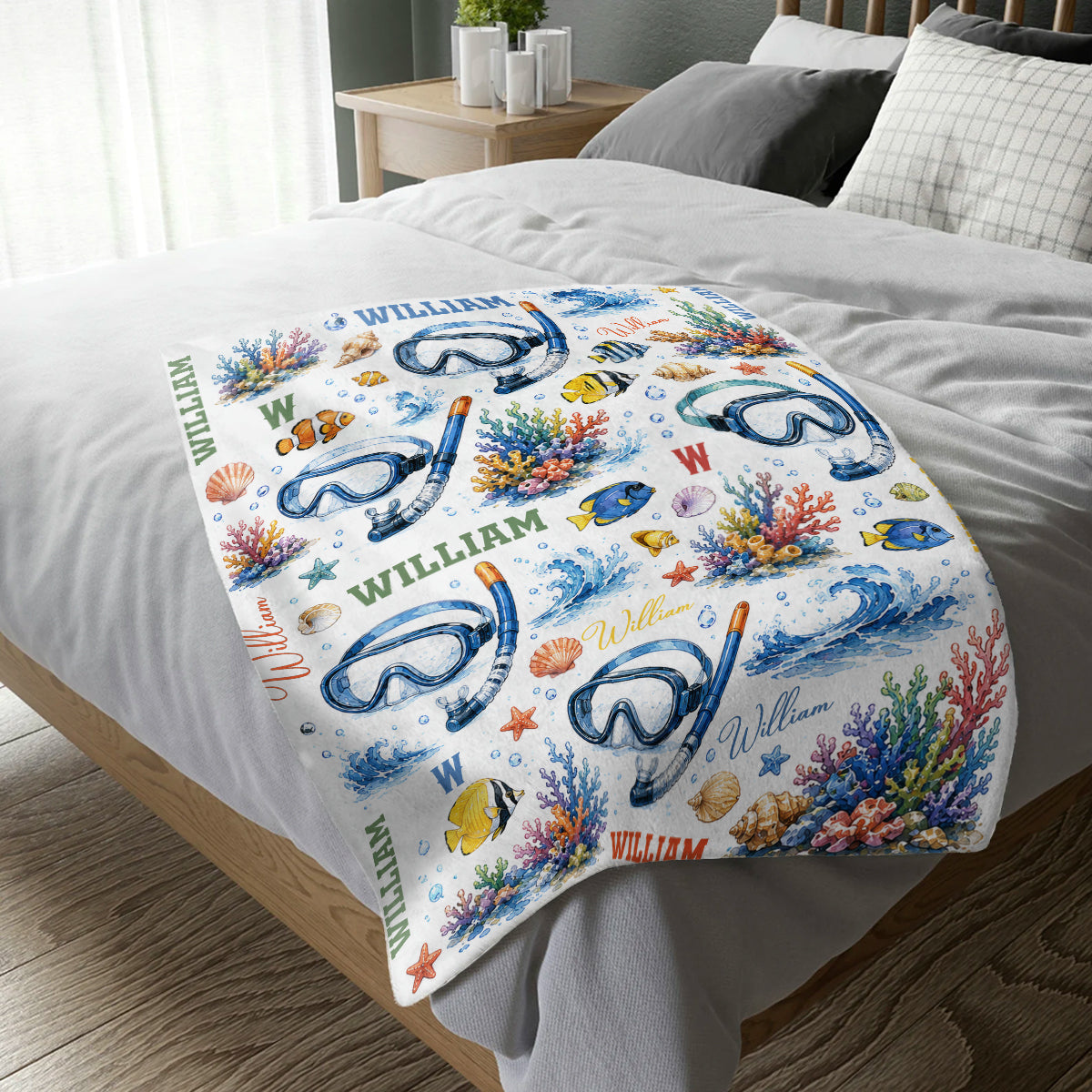 Personalized Snorkeling Blanket, Custom Ocean Name Throw, Scuba Diving Snorkel Blanket for Kids Adult, Sea Life Beach Sherpa Blanket