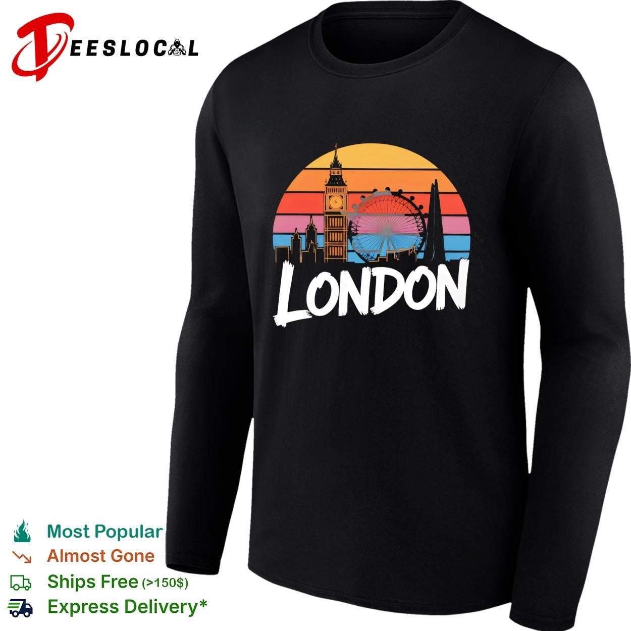 London skyline Big Ben and London Eye sunset retro color stripes graphic shirt