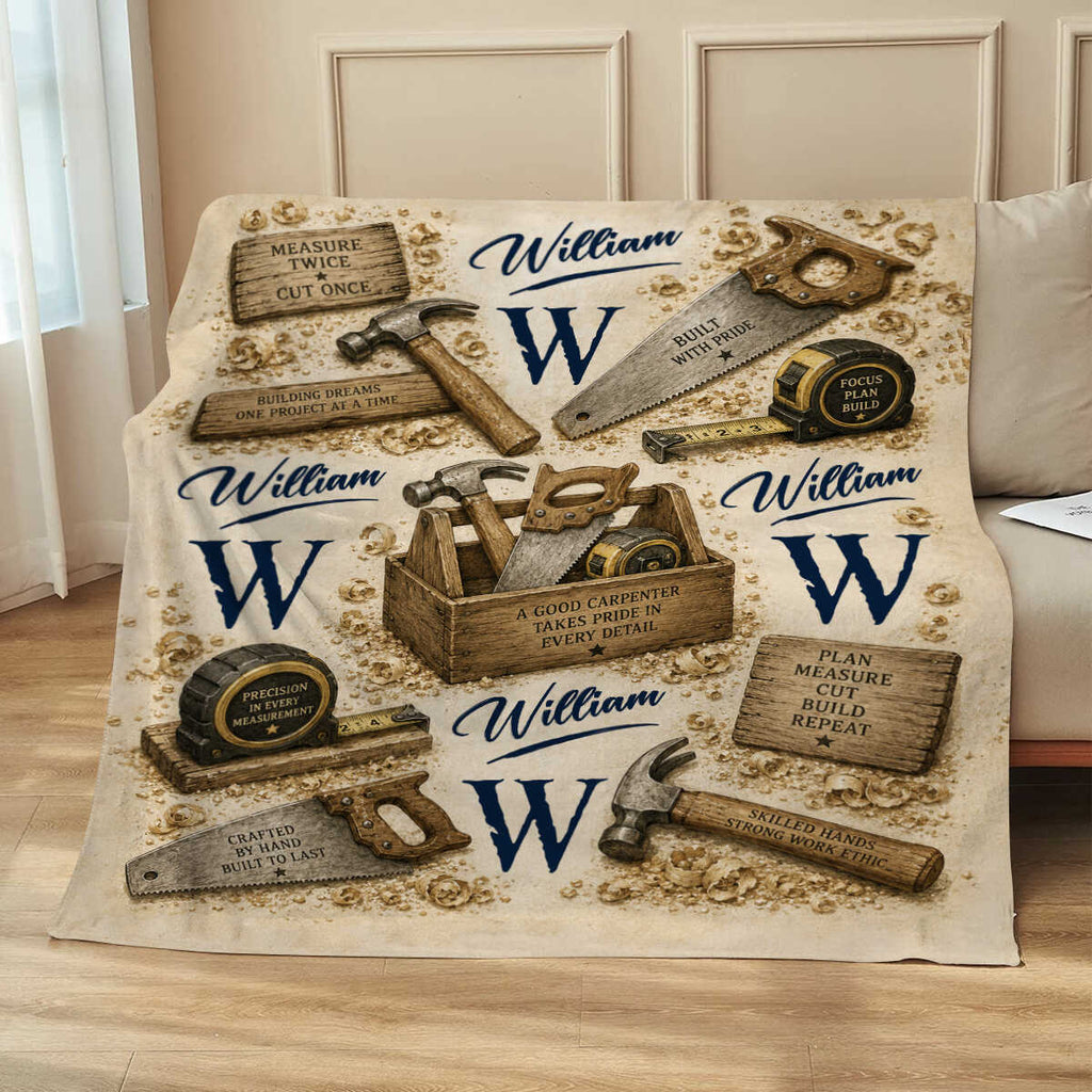 Personalized Carpenter Blanket, Custom Name Carpenter Gift, Woodworker Tools Throw Blanket, Carpentry Gift for Men, Carpenter Birthday Gift