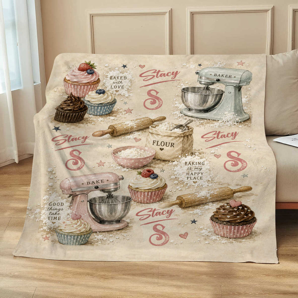 Personalized Baker Blanket, Custom Name Baking Gift, Baker Gift for Women, Baking Lover Throw Blanket, Cupcake Lover Gift, Bakery Chef Gift
