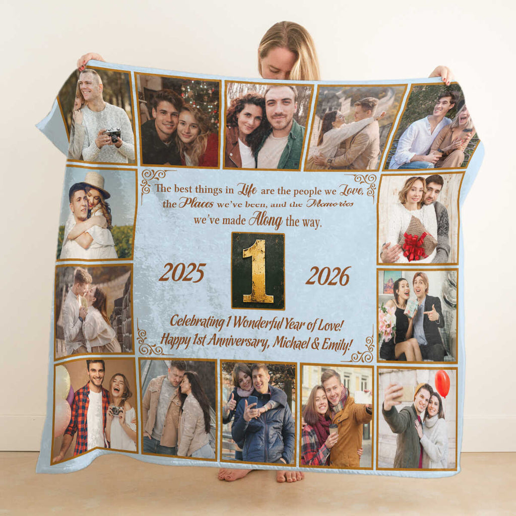 First Anniversary Photo Blanket, Personalized 1 Year Marriage Gift, 1st Wedding Anniversary Gift for Couple, Custom Love Keepsake