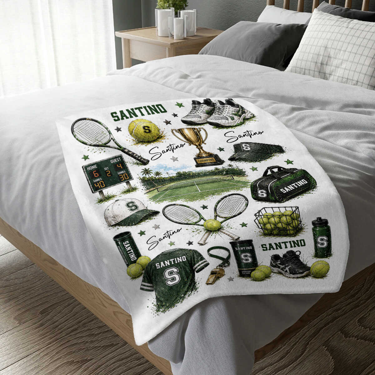 Personalized Tennis Blanket with Name, Custom Tennis Blanket for Boy, Tennis Court Nursery Decor, Kids Toddler Blanket, Racket Ball Gift