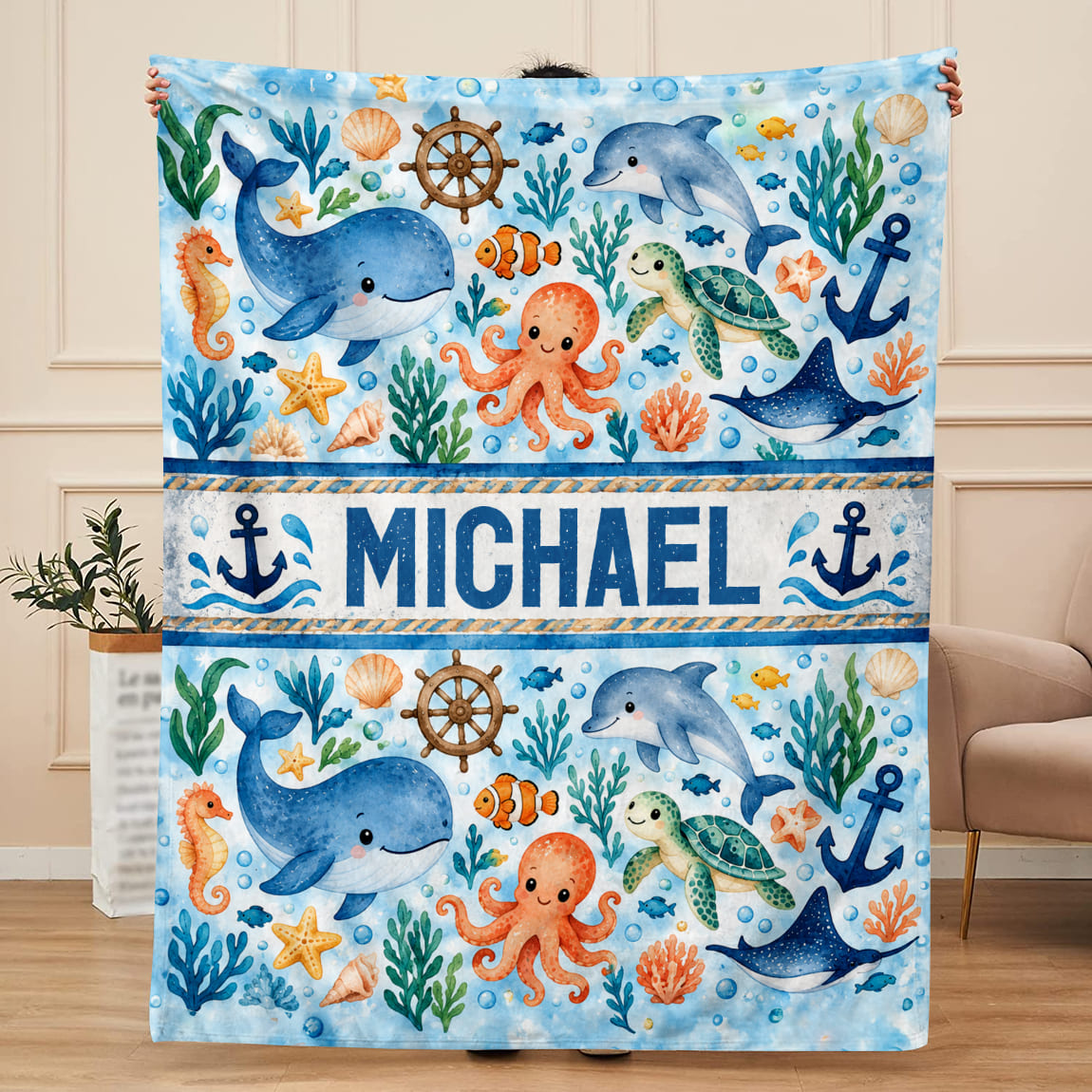 Personalized Ocean Animal Blanket, Custom Nautical Throw Blanket, Sea Life Blanket, Dolphin Whale Turtle Gift, Coastal Home Decor