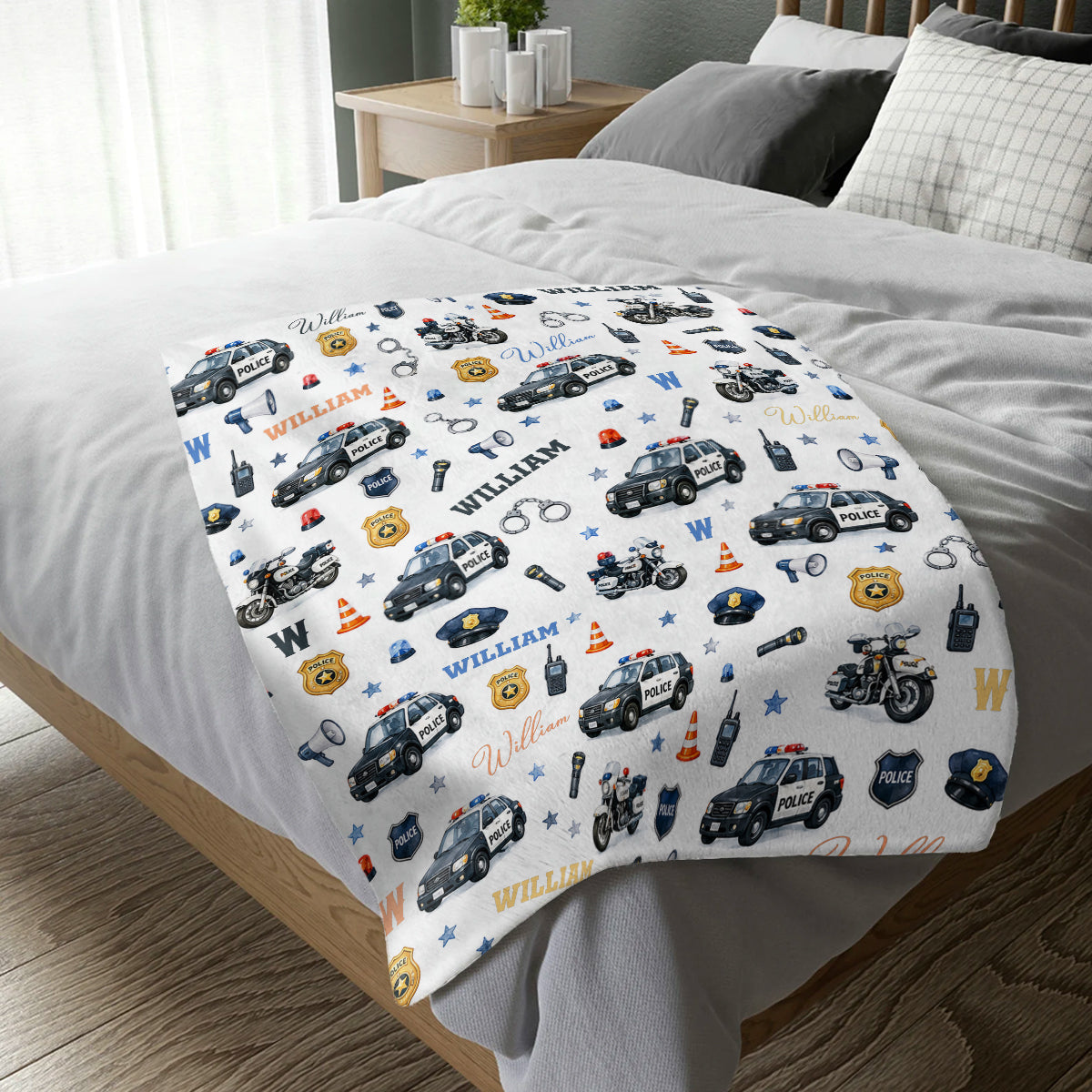 Personalized Police Baby Blanket with Name, Custom Cop Police Car Swaddle, Newborn Boy Gift, Police Officer Nursery Decor
