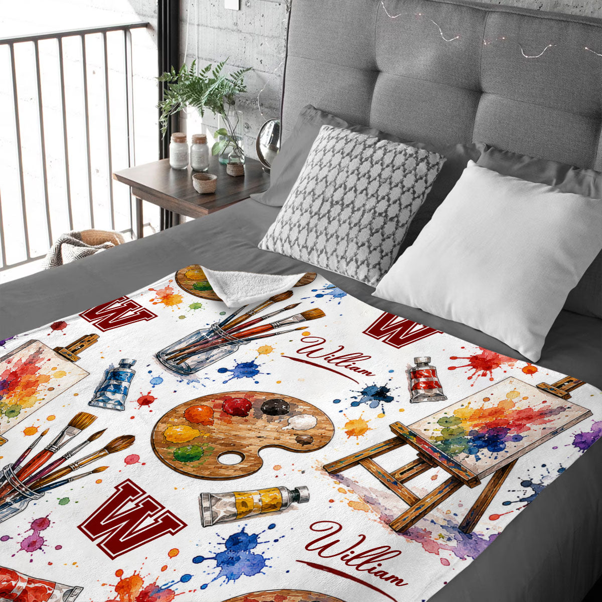 Personalized Artist Blanket, Custom Painter Gift, Art Teacher Blanket, Paint Palette & Brush Blanket, Artist Birthday Gift, Custom Name Art Lover Gift