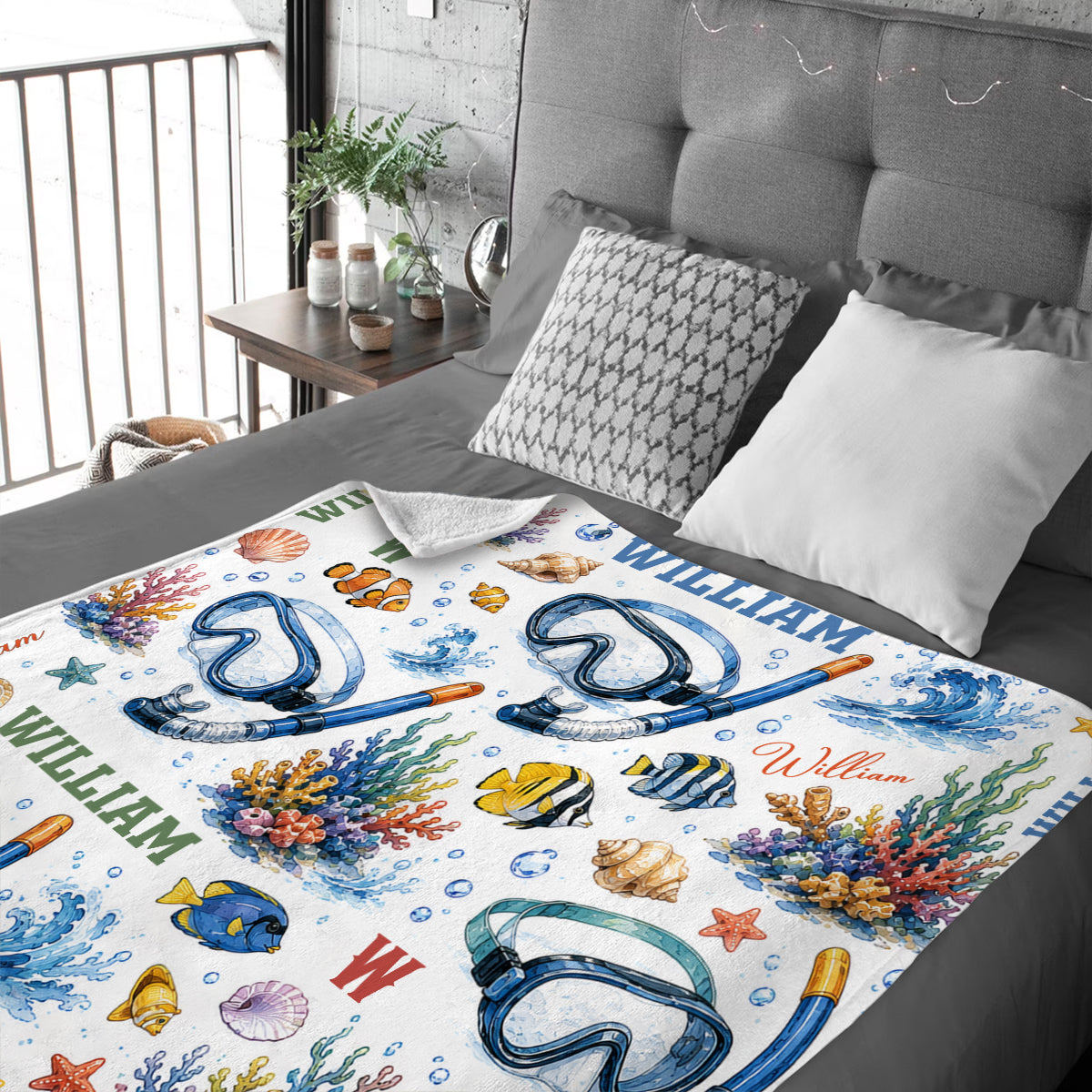 Personalized Snorkeling Blanket, Custom Ocean Name Throw, Scuba Diving Snorkel Blanket for Kids Adult, Sea Life Beach Sherpa Blanket