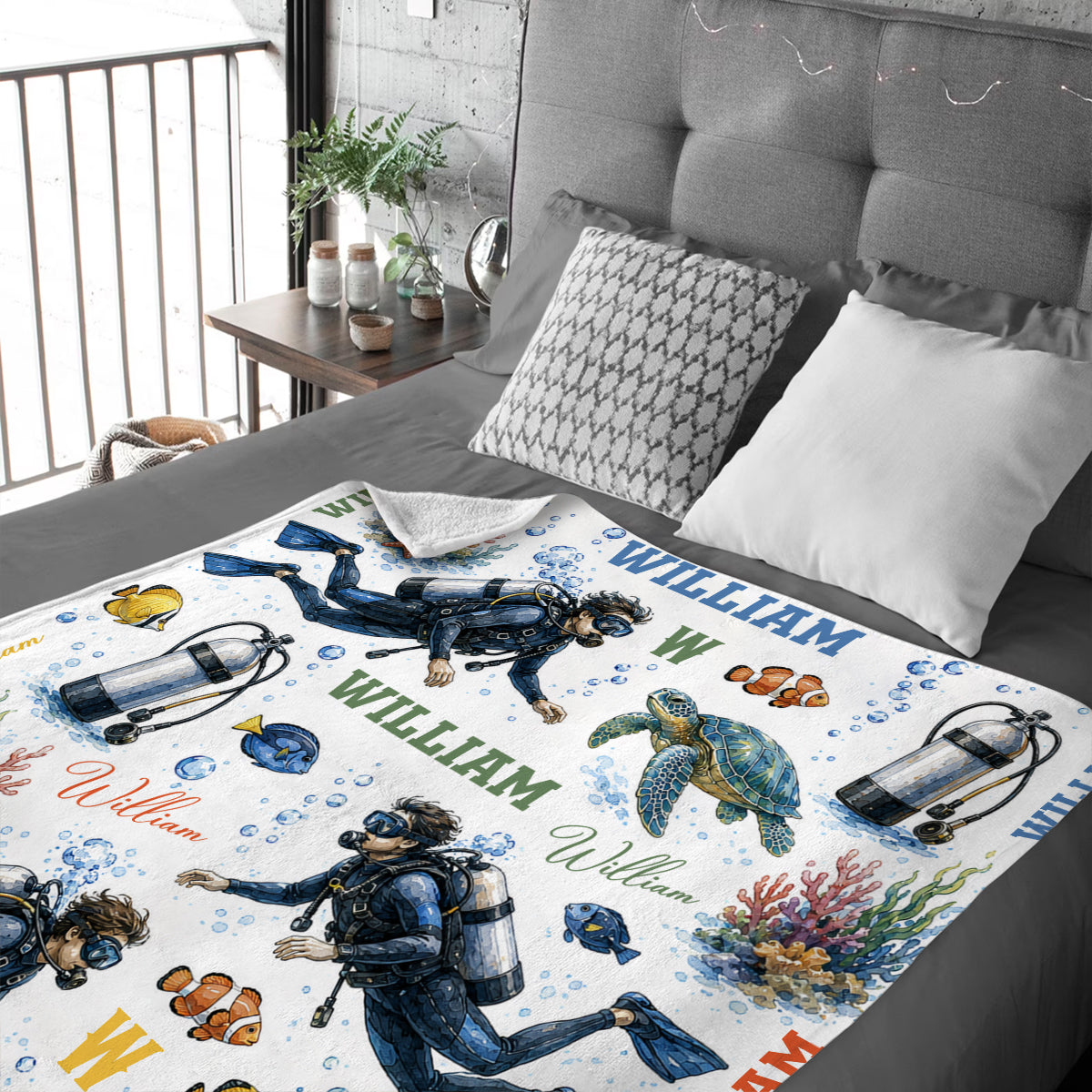 Personalized Scuba Diving Blanket, Custom Ocean Diver Throw, Sea Turtle & Diver Gift for Him, Custom Name Scuba Diver Sherpa Blanket