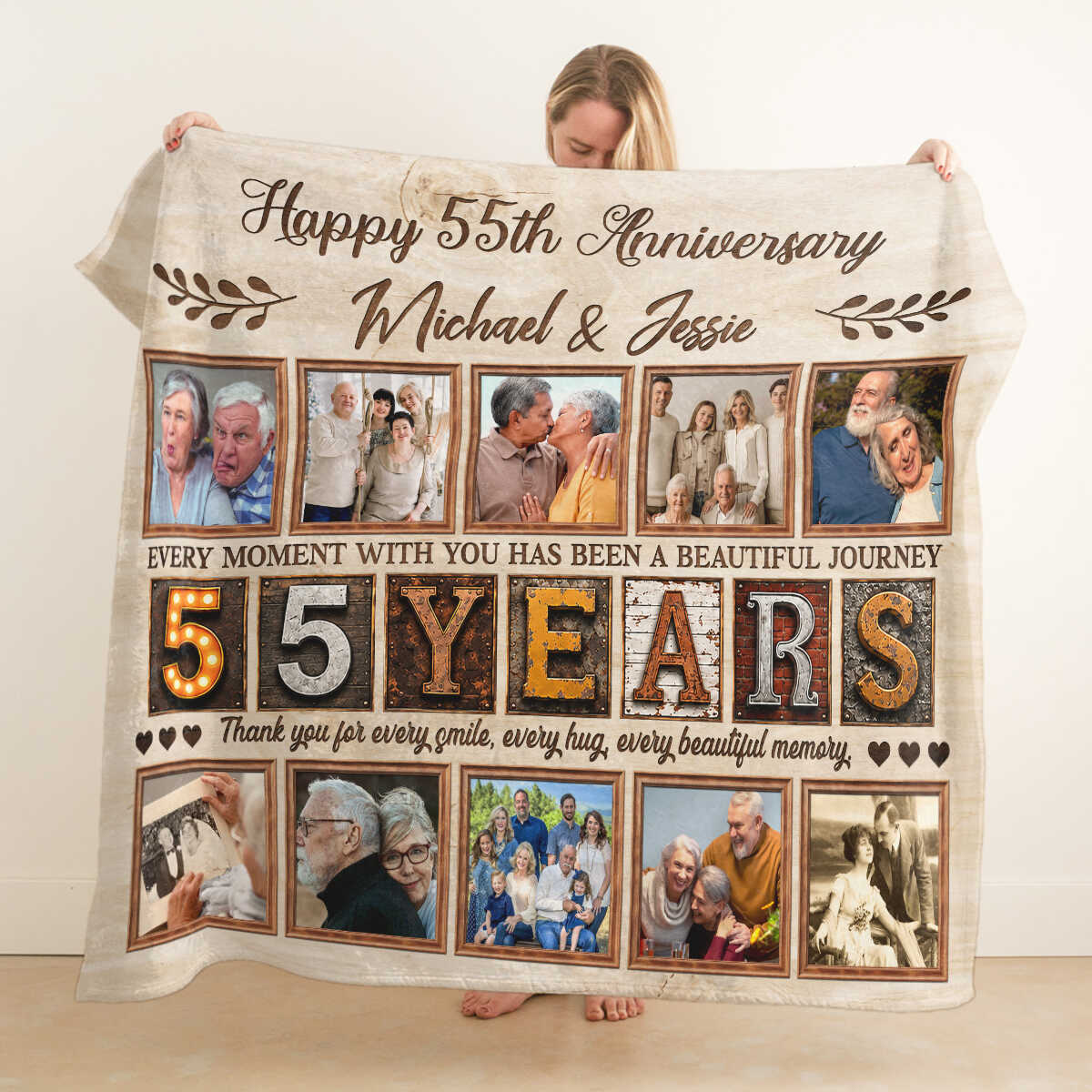 Personalized 55th Anniversary Photo Collage Blanket, Custom 55 Years Together Gift, Emerald Wedding Anniversary Blanket, Couple Memory Keepsake