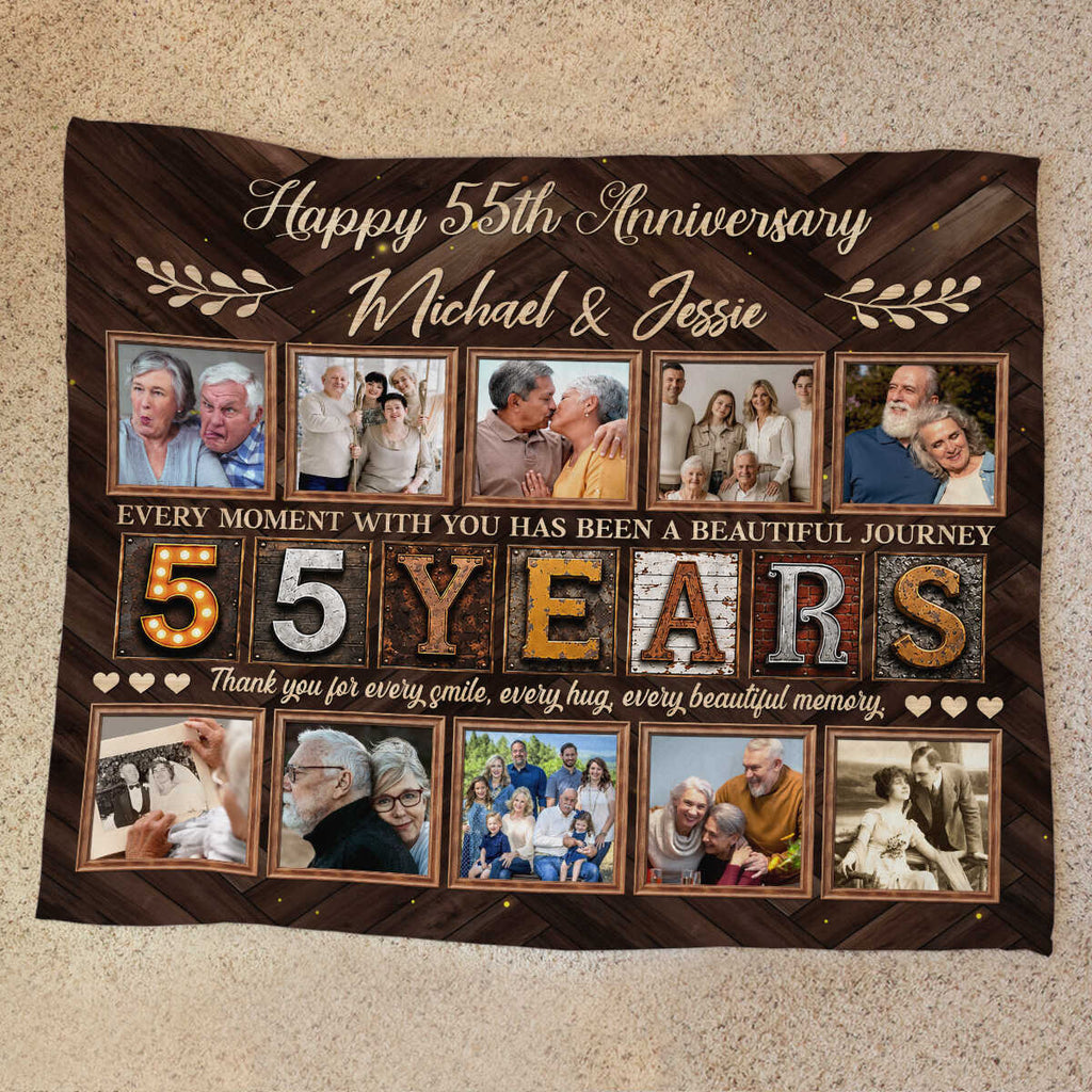 Personalized 55th Anniversary Photo Collage Blanket, Custom 55 Years Together Gift, Emerald Wedding Anniversary Blanket, Couple Memory Keepsake