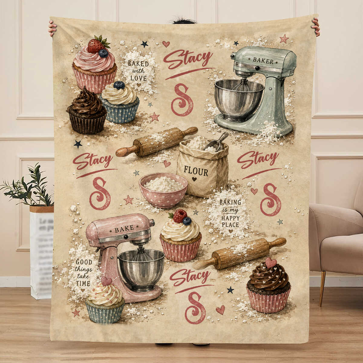Personalized Baker Blanket, Custom Name Baking Gift, Baker Gift for Women, Baking Lover Throw Blanket, Cupcake Lover Gift, Bakery Chef Gift