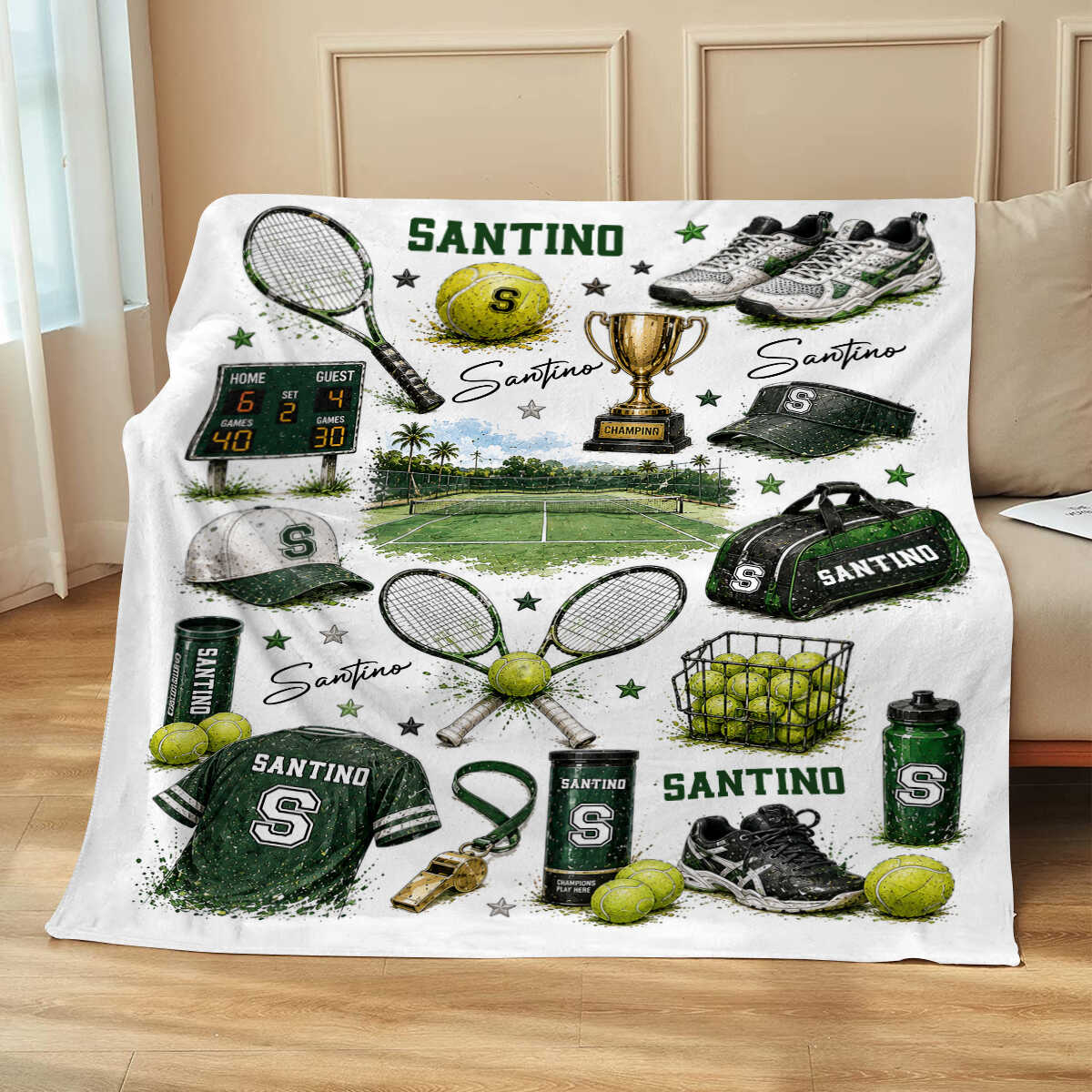 Personalized Tennis Blanket with Name, Custom Tennis Blanket for Boy, Tennis Court Nursery Decor, Kids Toddler Blanket, Racket Ball Gift
