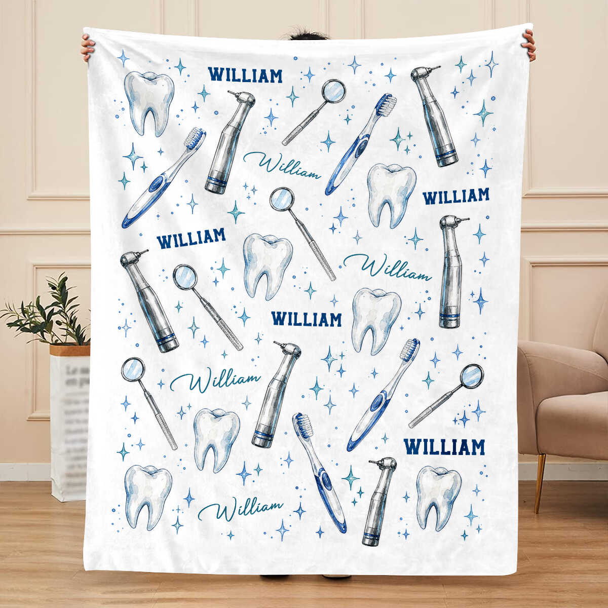 Personalized Dentist Blanket, Custom Dental Hygienist Gift, Watercolor Teeth Dental Assistant Throw, Dental School Graduation Gift