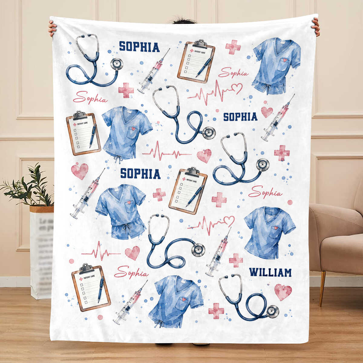 Personalized Nurse Blanket, Custom Nursing Gift, Watercolor Nurse Scrubs Stethoscope Throw, Nurse Graduation Gift, RN LPN Gift