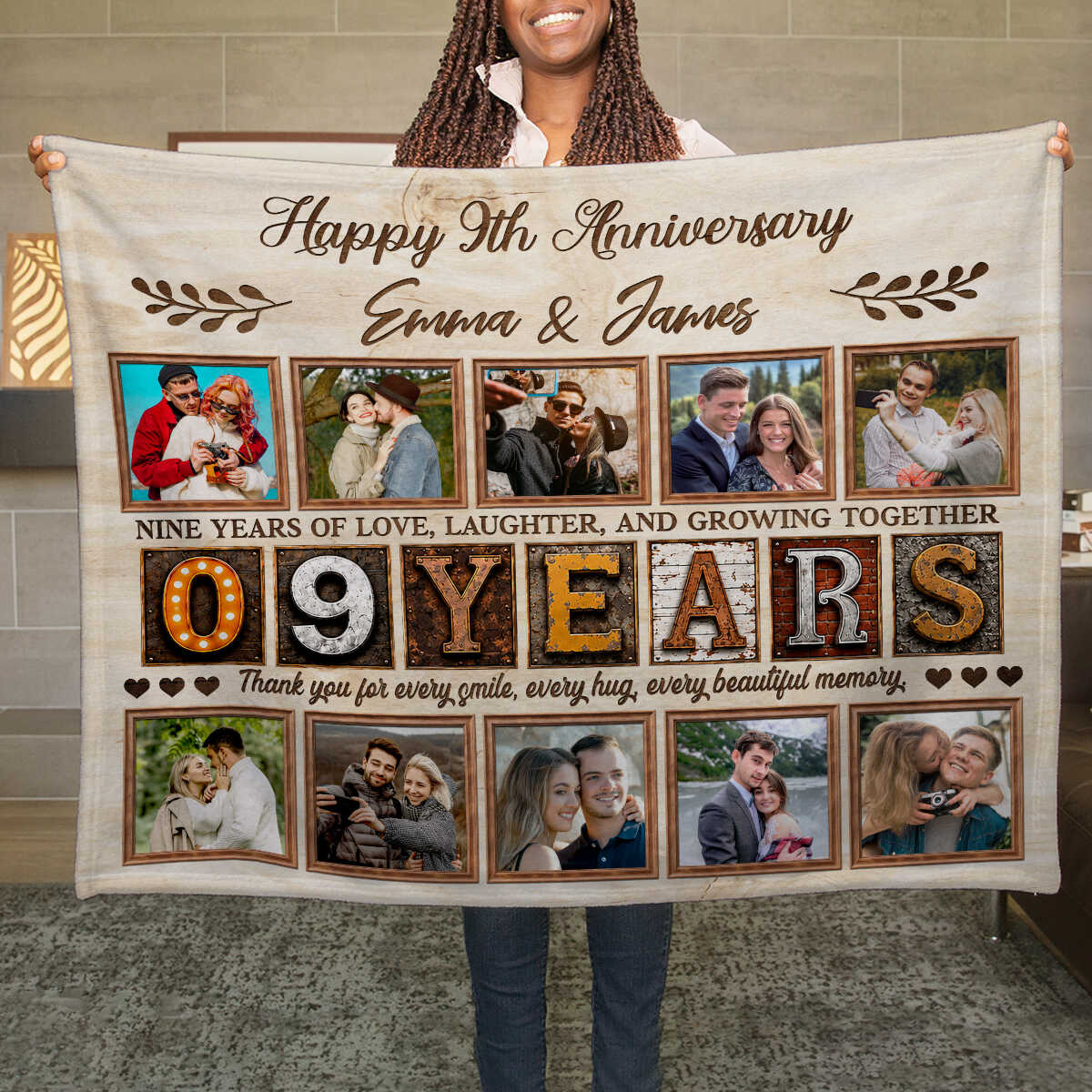 Personalized 9th Anniversary Photo Collage Blanket, Custom 9 Years Together Gift, Wedding Anniversary Blanket, Couple Memory Keepsake