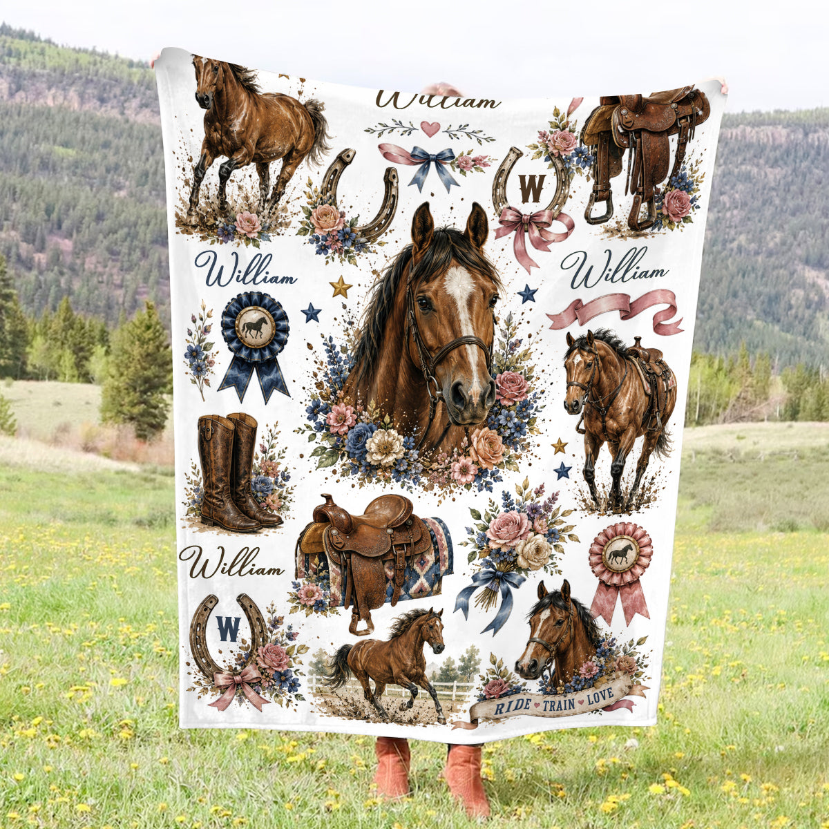 Personalized Horse Blanket, Custom Name Equestrian Blanket, Floral Horse Blanket for Girls Kids, Western Cowgirl Throw, Horse Lover Gift