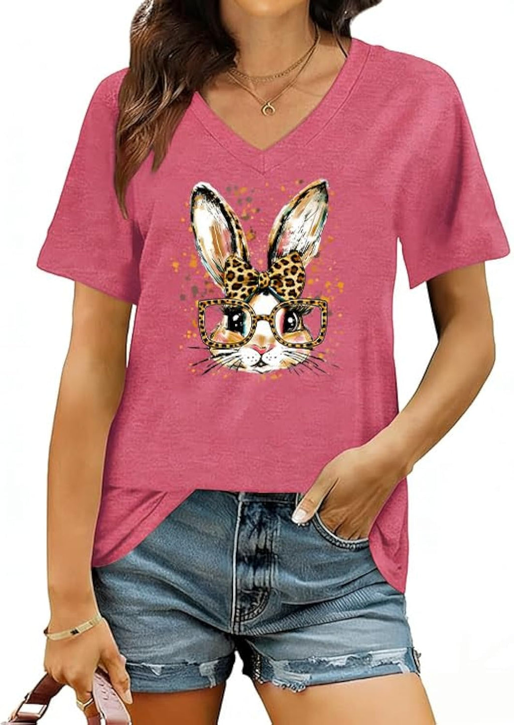 Easter Shirts for Women Happy Bunny with Leopard Bow Shirts Cute Floral Rabbit Graphic Tee