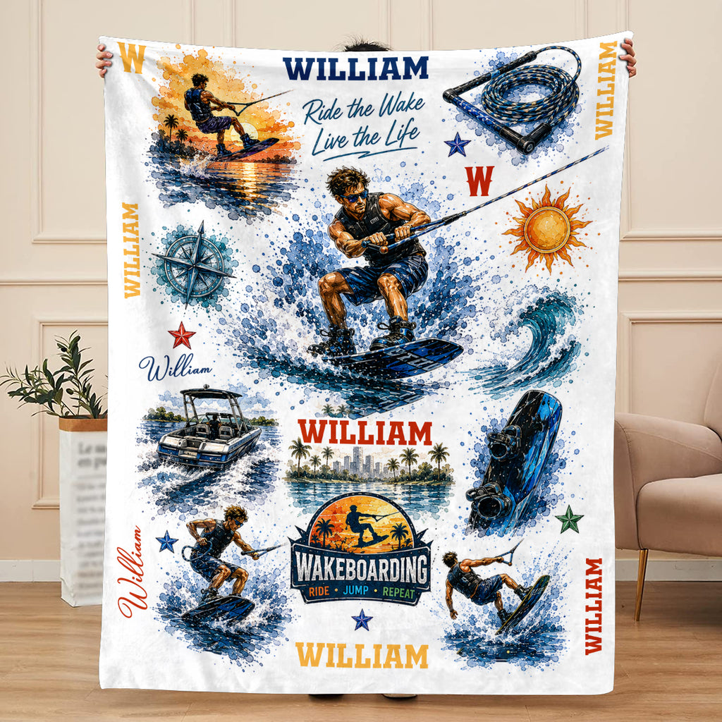 Personalized Wakeboarding Blanket, Custom Name Wakeboard Throw Blanket, Wakeboarding Gift for Boys, Men, Kids, Wakeboard Lover Gift