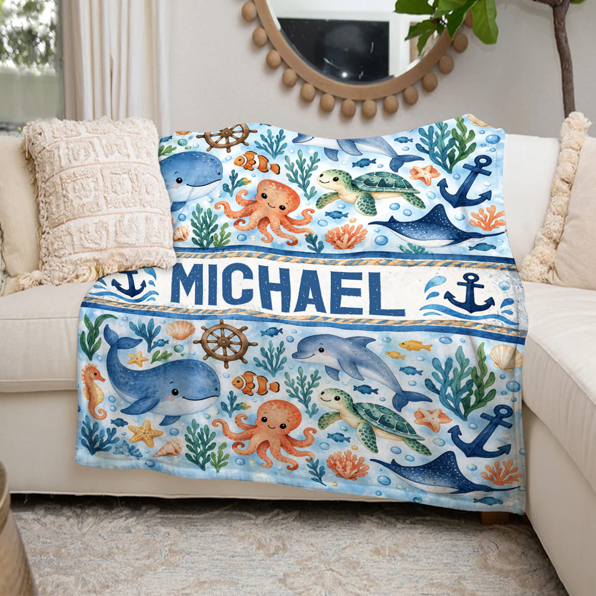 Personalized Ocean Animal Blanket, Custom Nautical Throw Blanket, Sea Life Blanket, Dolphin Whale Turtle Gift, Coastal Home Decor