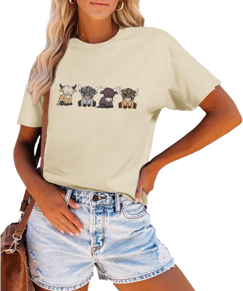 Highland Cow Shirts for Women Cute Cattle Cowgirl T-Shirt Funny Animal Graphic Farm Life Tee Western Casual Tops
