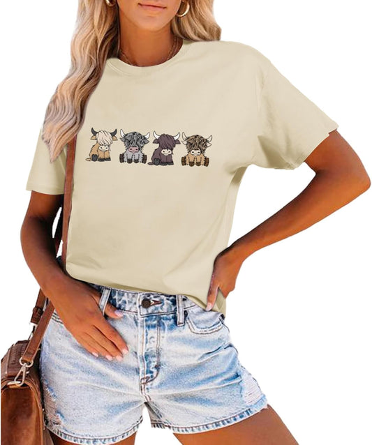 Highland Cow Shirts for Women Cute Cattle Cowgirl T-Shirt Funny Animal Graphic Farm Life Tee Western Casual Tops