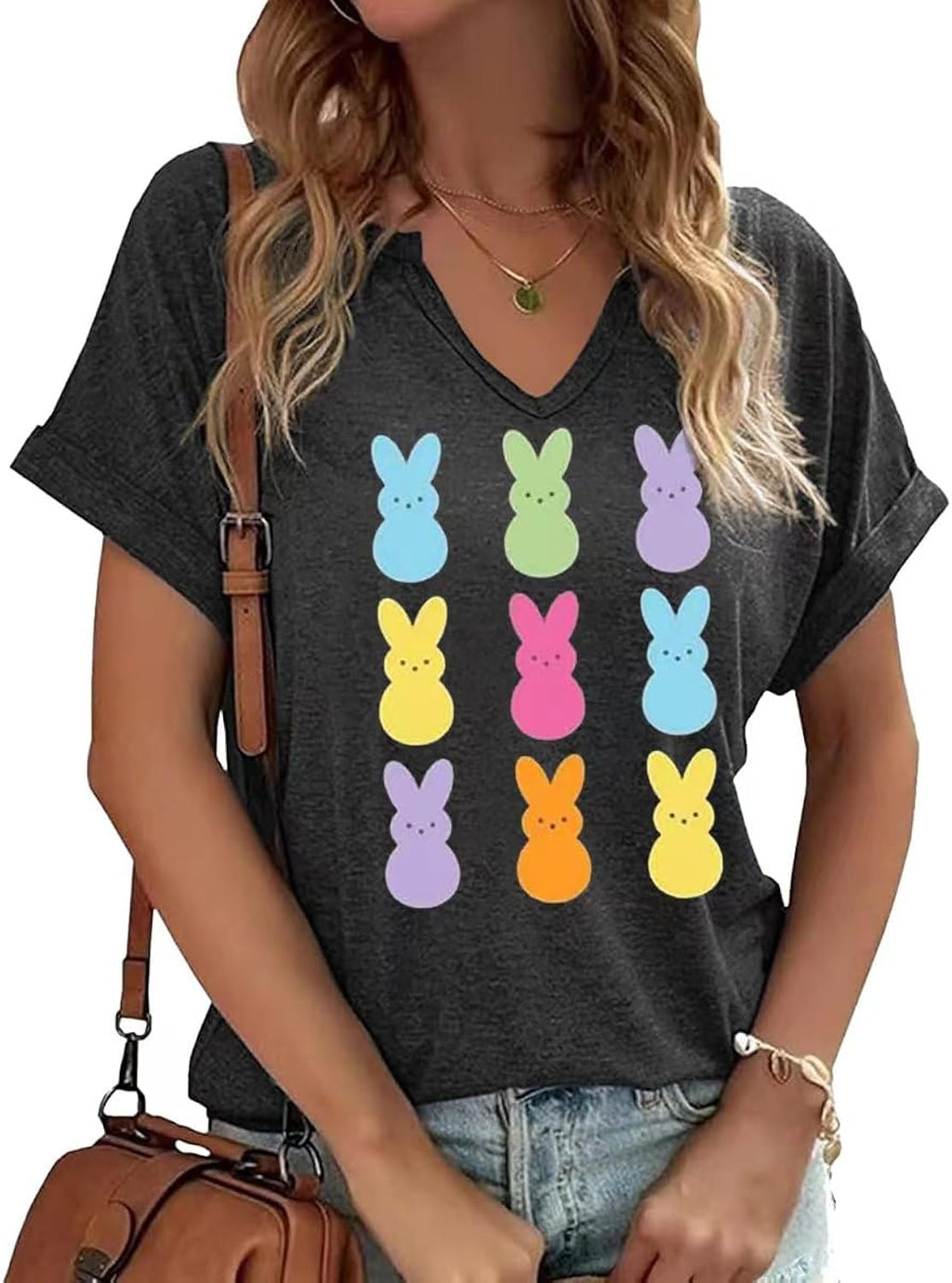 Earlymemb Womens Happy Easter Day V Neck Shirt Funny Bunny Rabbit Eggs Graphic Short Sleeve Tee Spring Casual Christian Tops