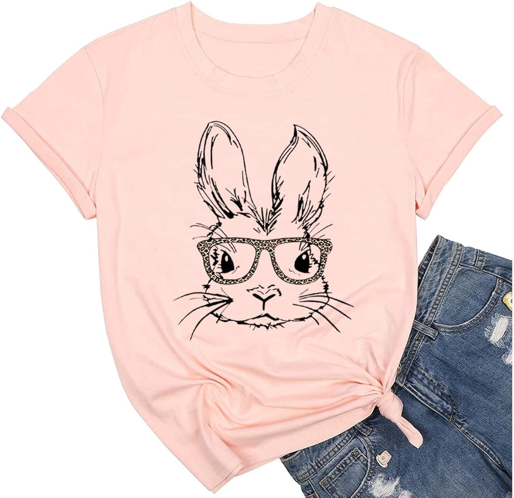 Bunny with Leopard Glasses T-Shirt for Women Cute Easter Bunny Graphic Tees Casual Short Sleeve Shirts Tops