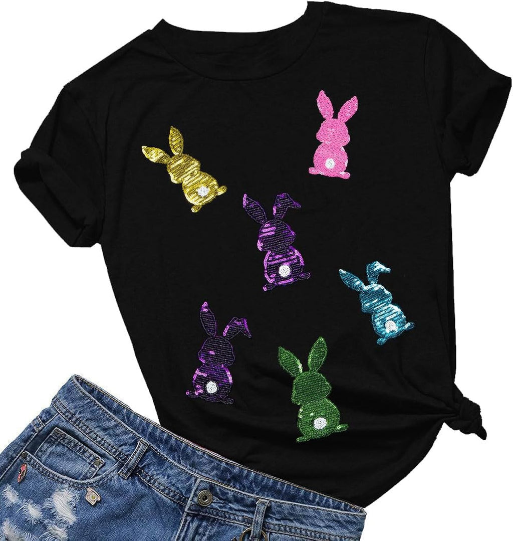 Happy Easter Shirts Women Sequin Bunny Shirt Cute Rabbit Graphic T Shirt Funny Easter Gift Short Sleeve Tee Tops