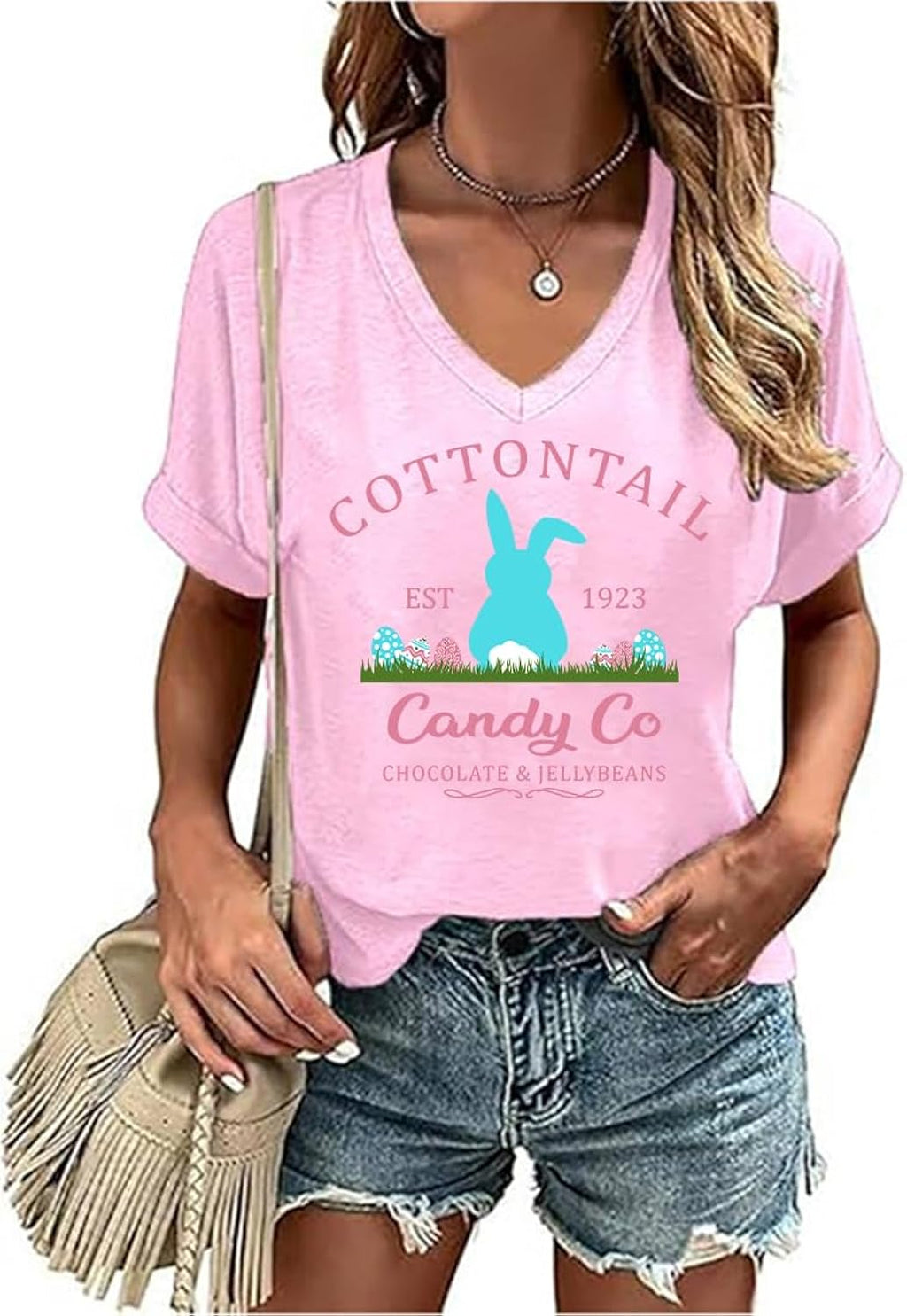 Easter Shirts for Women V Neck Cute Rabbit Graphic Tee Happy Easter T Shirt Bunny Shirt Gift Holiday Tops